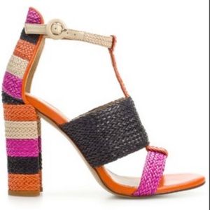 Zara Color Block Rafia Stripe Block Heeled Sandals Orange Pink Black SZ 6